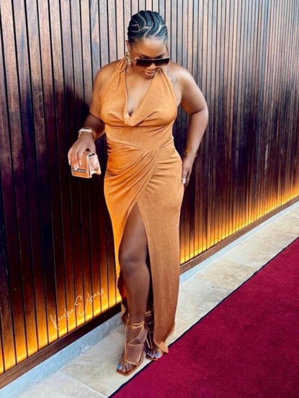 Halter Draped Maxi Dress in Camel please read below